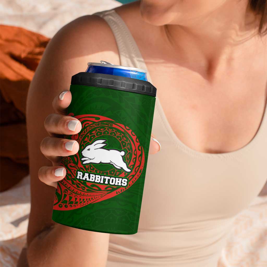 Personalized South Sydney Rabbitohs 4 in 1 Can Cooler Tumbler Polynesian Tribal Chest and Sleeve Tattoo