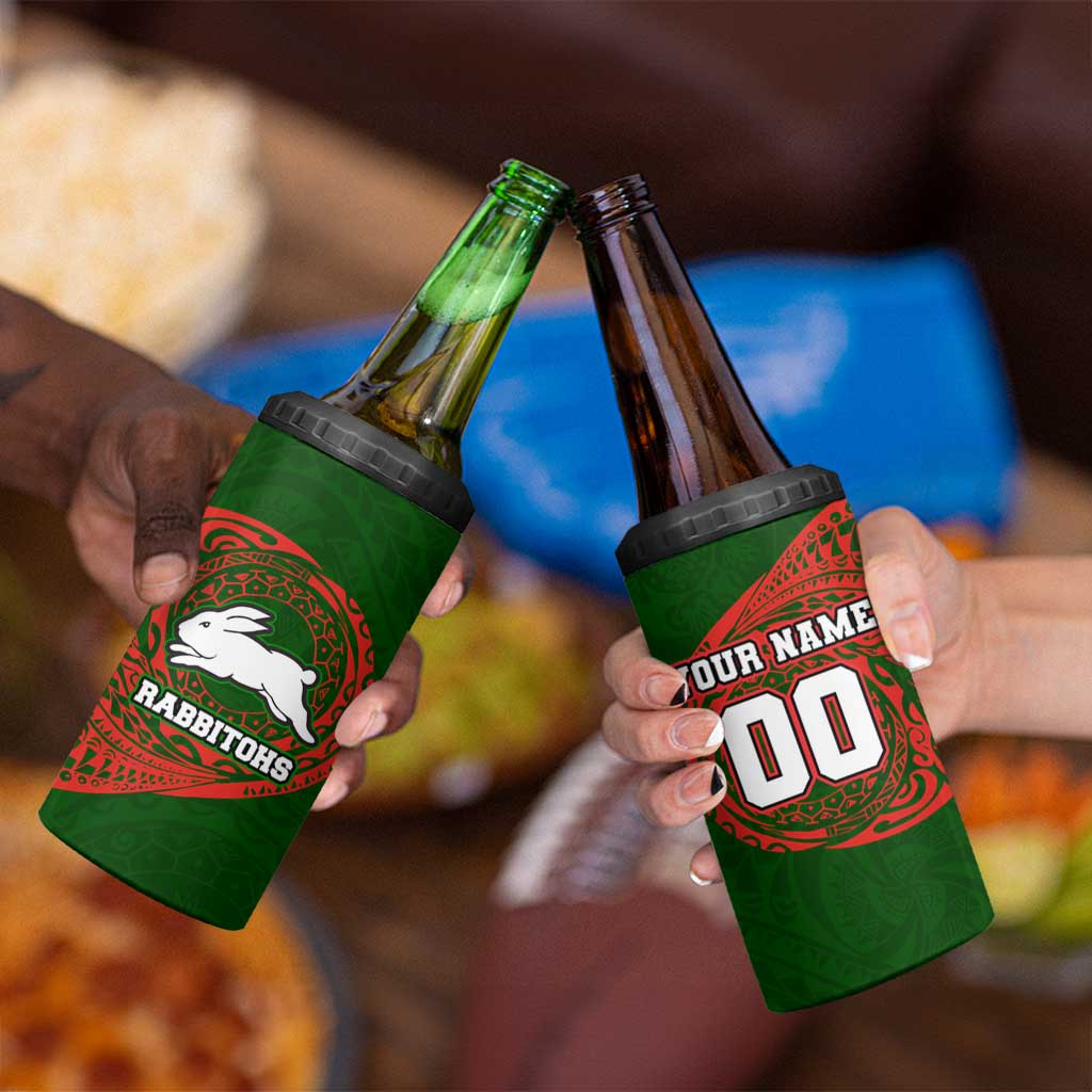 Personalized South Sydney Rabbitohs 4 in 1 Can Cooler Tumbler Polynesian Tribal Chest and Sleeve Tattoo