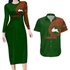 Personalized South Sydney Rabbitohs Couples Matching Long Sleeve Bodycon Dress and Hawaiian Shirt Polynesian Tribal Chest and Sleeve Tattoo