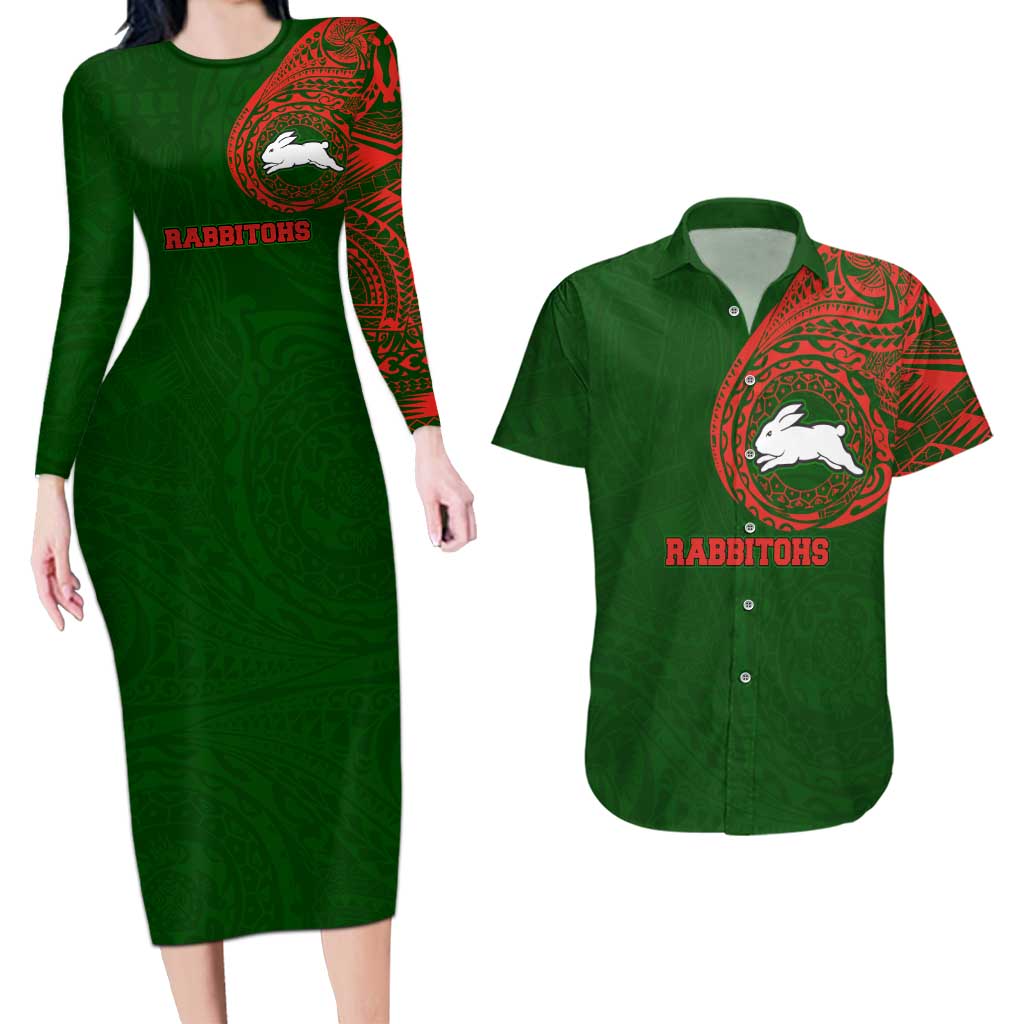 Personalized South Sydney Rabbitohs Couples Matching Long Sleeve Bodycon Dress and Hawaiian Shirt Polynesian Tribal Chest and Sleeve Tattoo
