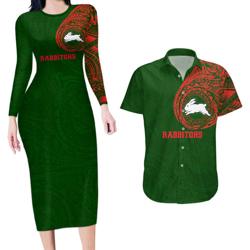 Personalized South Sydney Rabbitohs Couples Matching Long Sleeve Bodycon Dress and Hawaiian Shirt Polynesian Tribal Chest and Sleeve Tattoo