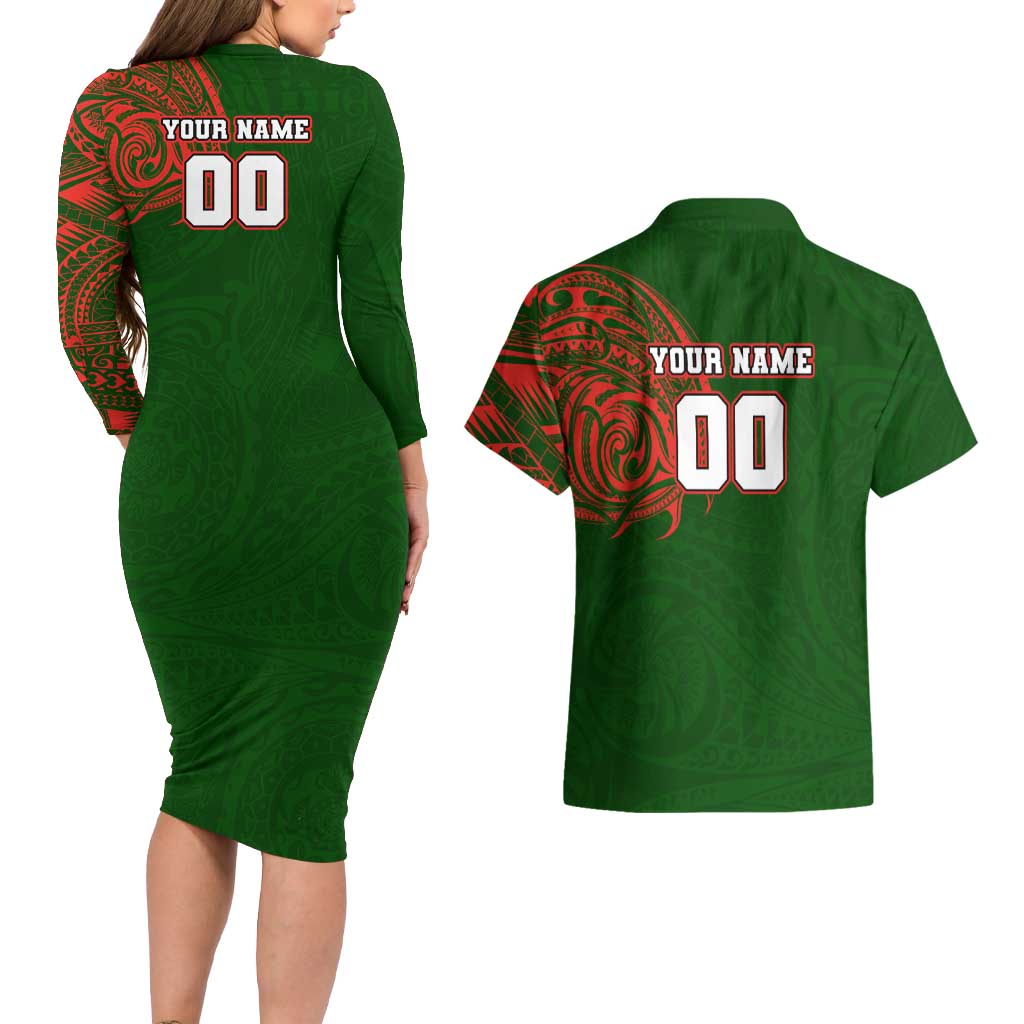 Personalized South Sydney Rabbitohs Couples Matching Long Sleeve Bodycon Dress and Hawaiian Shirt Polynesian Tribal Chest and Sleeve Tattoo