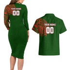 Personalized South Sydney Rabbitohs Couples Matching Long Sleeve Bodycon Dress and Hawaiian Shirt Polynesian Tribal Chest and Sleeve Tattoo