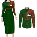 Personalized South Sydney Rabbitohs Couples Matching Long Sleeve Bodycon Dress and Long Sleeve Button Shirt Polynesian Tribal Chest and Sleeve Tattoo