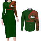 Personalized South Sydney Rabbitohs Couples Matching Long Sleeve Bodycon Dress and Long Sleeve Button Shirt Polynesian Tribal Chest and Sleeve Tattoo