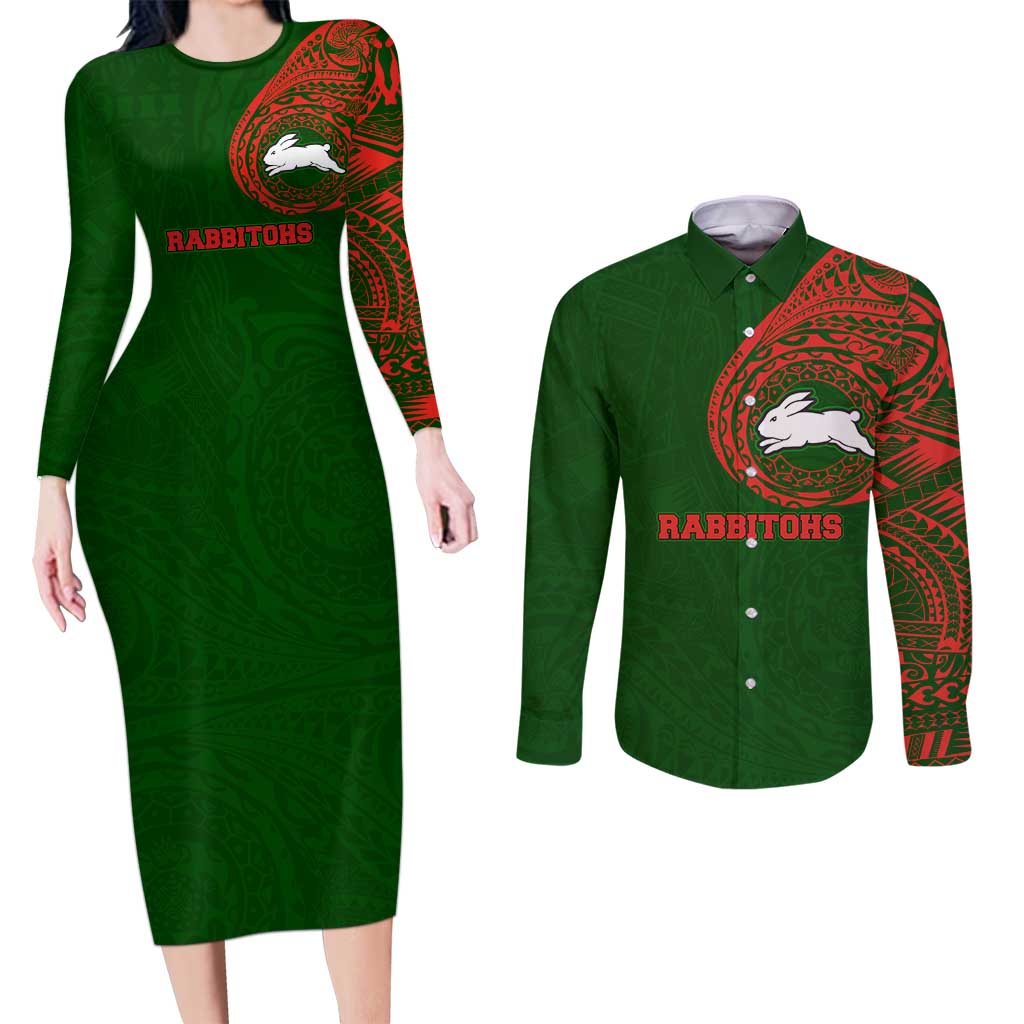 Personalized South Sydney Rabbitohs Couples Matching Long Sleeve Bodycon Dress and Long Sleeve Button Shirt Polynesian Tribal Chest and Sleeve Tattoo