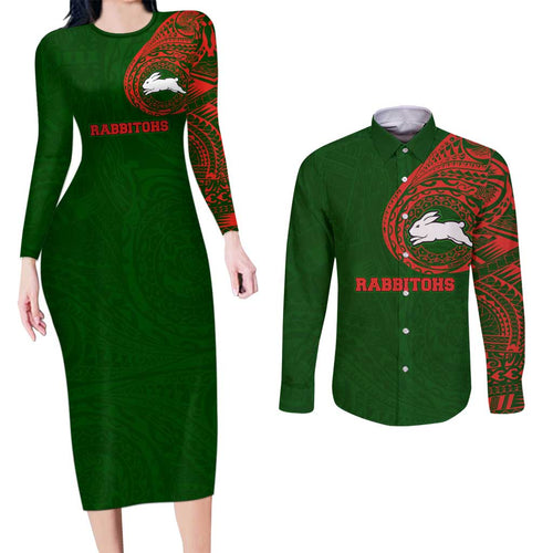 Personalized South Sydney Rabbitohs Couples Matching Long Sleeve Bodycon Dress and Long Sleeve Button Shirt Polynesian Tribal Chest and Sleeve Tattoo