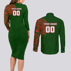 Personalized South Sydney Rabbitohs Couples Matching Long Sleeve Bodycon Dress and Long Sleeve Button Shirt Polynesian Tribal Chest and Sleeve Tattoo