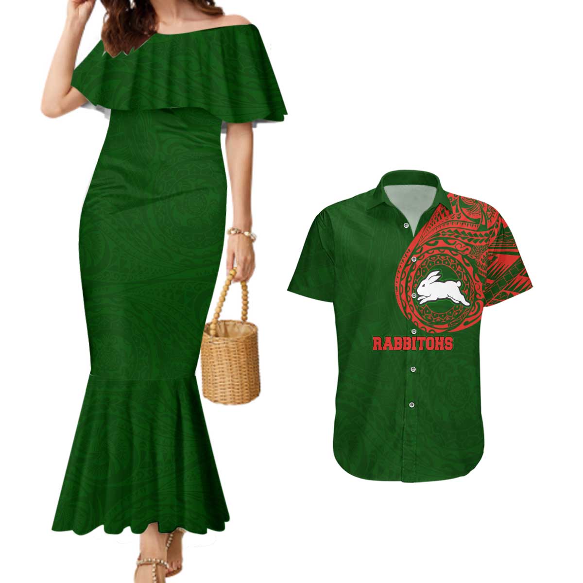Personalized South Sydney Rabbitohs Couples Matching Mermaid Dress and Hawaiian Shirt Polynesian Tribal Chest and Sleeve Tattoo