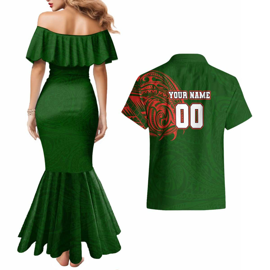 Personalized South Sydney Rabbitohs Couples Matching Mermaid Dress and Hawaiian Shirt Polynesian Tribal Chest and Sleeve Tattoo