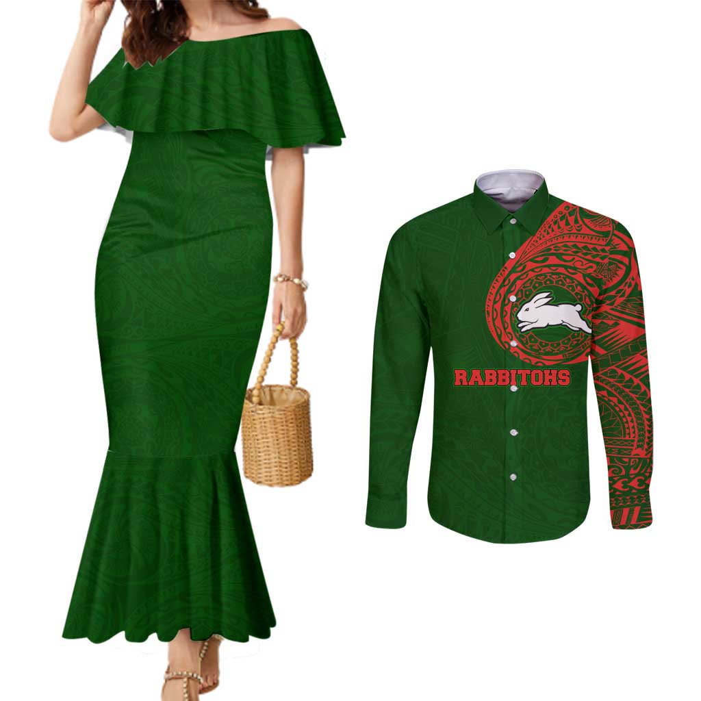 Personalized South Sydney Rabbitohs Couples Matching Mermaid Dress and Long Sleeve Button Shirt Polynesian Tribal Chest and Sleeve Tattoo