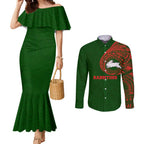 Personalized South Sydney Rabbitohs Couples Matching Mermaid Dress and Long Sleeve Button Shirt Polynesian Tribal Chest and Sleeve Tattoo