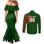 Personalized South Sydney Rabbitohs Couples Matching Mermaid Dress and Long Sleeve Button Shirt Polynesian Tribal Chest and Sleeve Tattoo