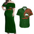 Personalized South Sydney Rabbitohs Couples Matching Off Shoulder Maxi Dress and Hawaiian Shirt Polynesian Tribal Chest and Sleeve Tattoo