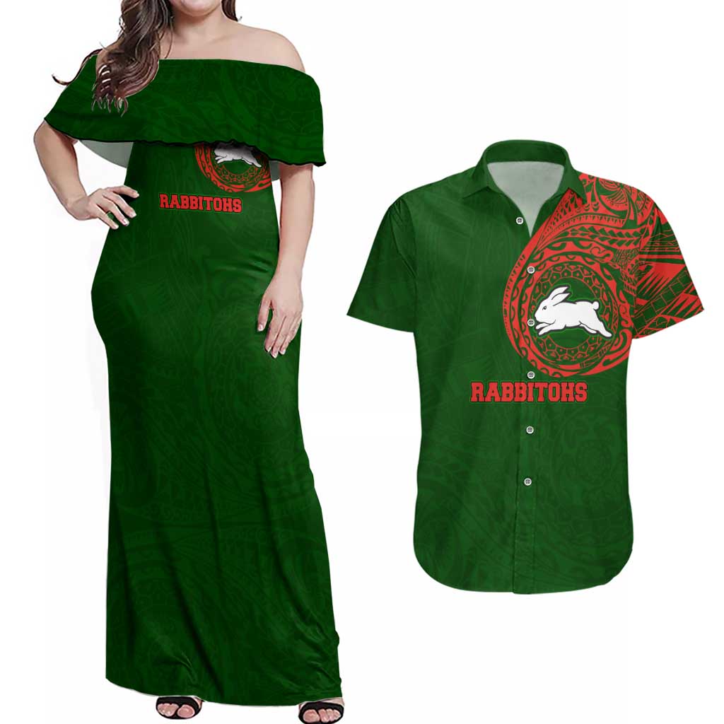 Personalized South Sydney Rabbitohs Couples Matching Off Shoulder Maxi Dress and Hawaiian Shirt Polynesian Tribal Chest and Sleeve Tattoo