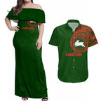 Personalized South Sydney Rabbitohs Couples Matching Off Shoulder Maxi Dress and Hawaiian Shirt Polynesian Tribal Chest and Sleeve Tattoo