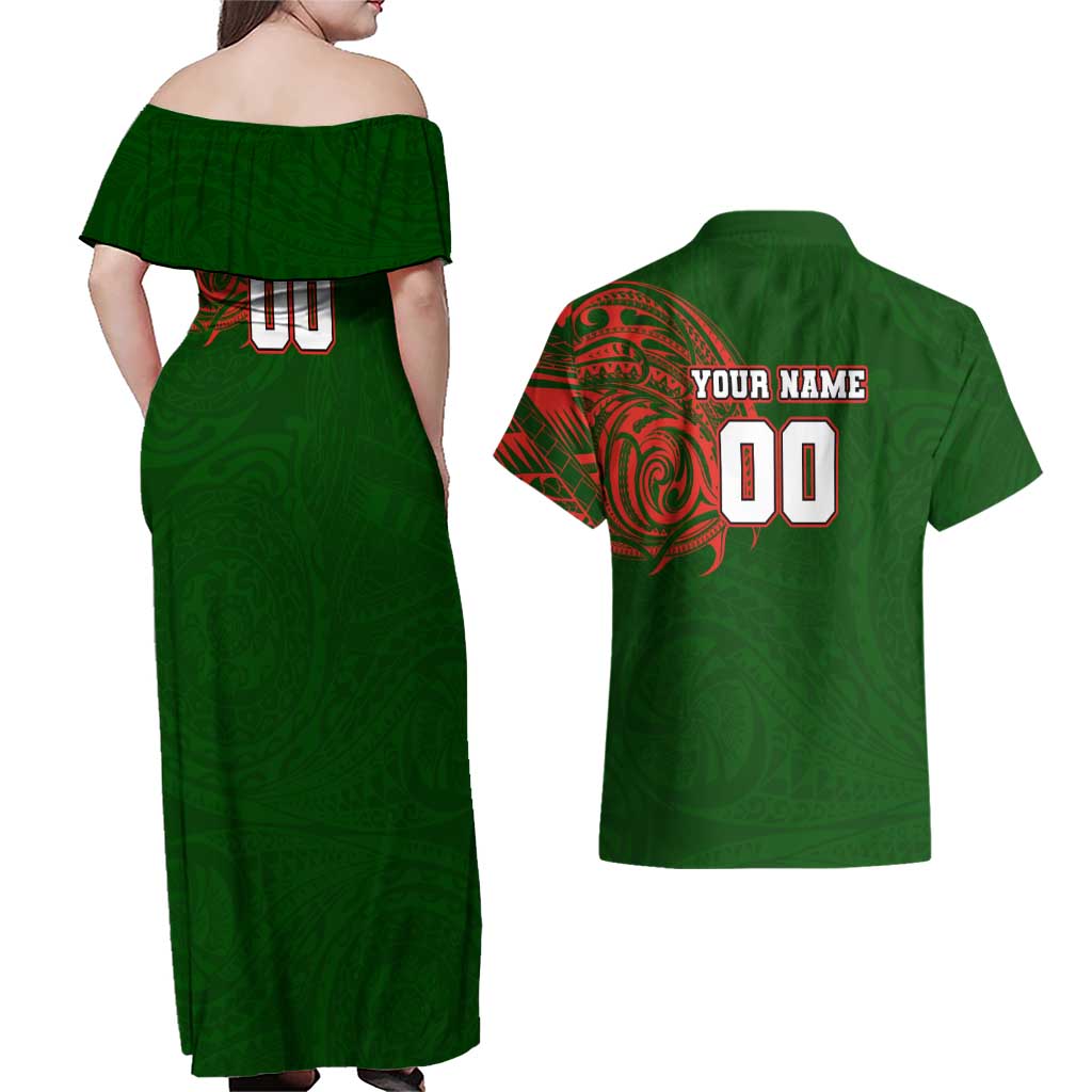 Personalized South Sydney Rabbitohs Couples Matching Off Shoulder Maxi Dress and Hawaiian Shirt Polynesian Tribal Chest and Sleeve Tattoo
