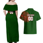 Personalized South Sydney Rabbitohs Couples Matching Off Shoulder Maxi Dress and Hawaiian Shirt Polynesian Tribal Chest and Sleeve Tattoo