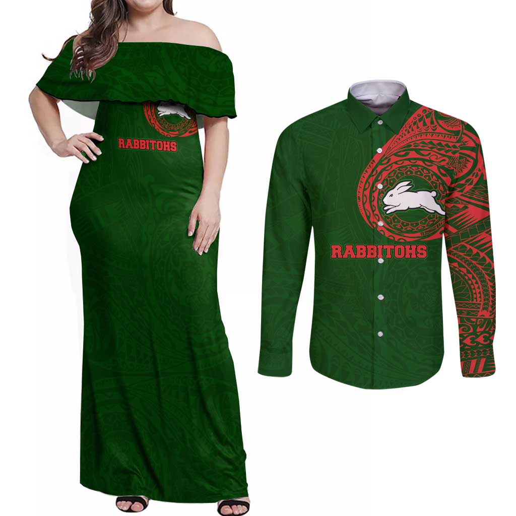 Personalized South Sydney Rabbitohs Couples Matching Off Shoulder Maxi Dress and Long Sleeve Button Shirt Polynesian Tribal Chest and Sleeve Tattoo