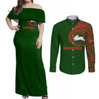Personalized South Sydney Rabbitohs Couples Matching Off Shoulder Maxi Dress and Long Sleeve Button Shirt Polynesian Tribal Chest and Sleeve Tattoo