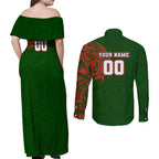 Personalized South Sydney Rabbitohs Couples Matching Off Shoulder Maxi Dress and Long Sleeve Button Shirt Polynesian Tribal Chest and Sleeve Tattoo