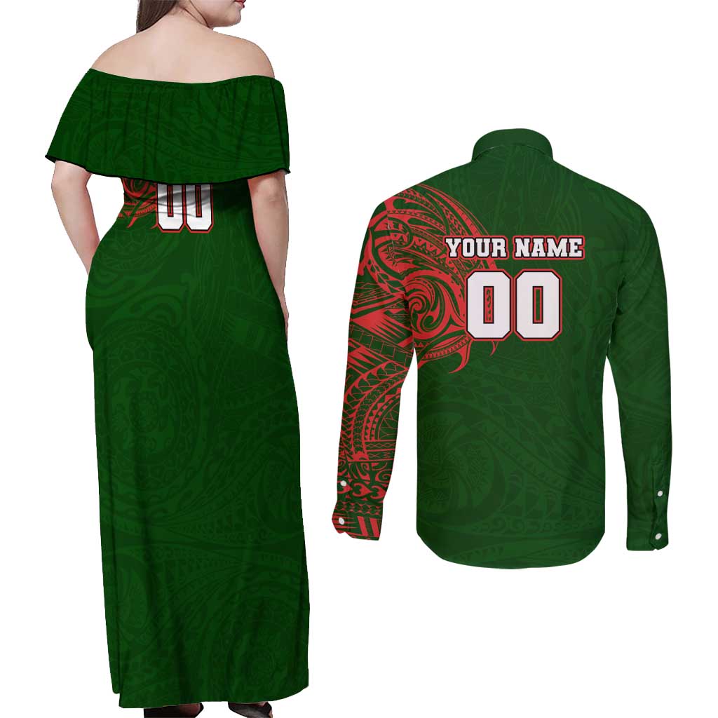 Personalized South Sydney Rabbitohs Couples Matching Off Shoulder Maxi Dress and Long Sleeve Button Shirt Polynesian Tribal Chest and Sleeve Tattoo