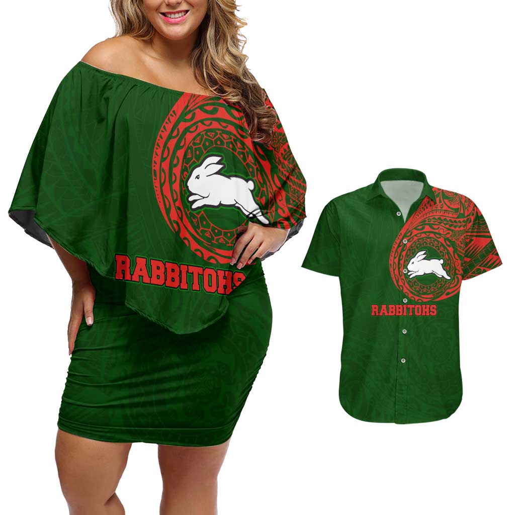 Personalized South Sydney Rabbitohs Couples Matching Off Shoulder Short Dress and Hawaiian Shirt Polynesian Tribal Chest and Sleeve Tattoo