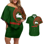 Personalized South Sydney Rabbitohs Couples Matching Off Shoulder Short Dress and Hawaiian Shirt Polynesian Tribal Chest and Sleeve Tattoo