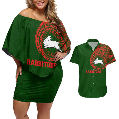 Personalized South Sydney Rabbitohs Couples Matching Off Shoulder Short Dress and Hawaiian Shirt Polynesian Tribal Chest and Sleeve Tattoo