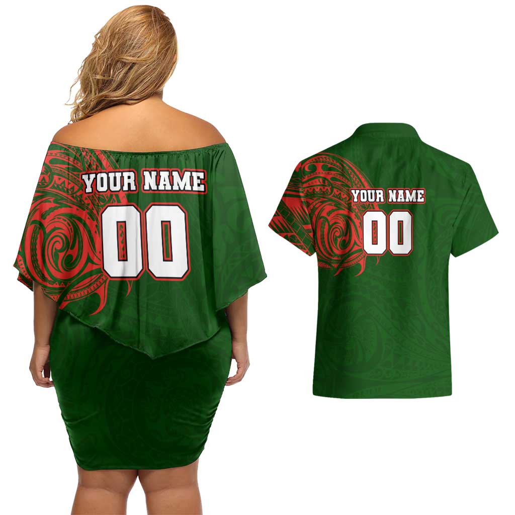 Personalized South Sydney Rabbitohs Couples Matching Off Shoulder Short Dress and Hawaiian Shirt Polynesian Tribal Chest and Sleeve Tattoo