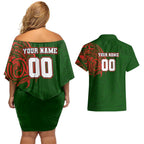 Personalized South Sydney Rabbitohs Couples Matching Off Shoulder Short Dress and Hawaiian Shirt Polynesian Tribal Chest and Sleeve Tattoo