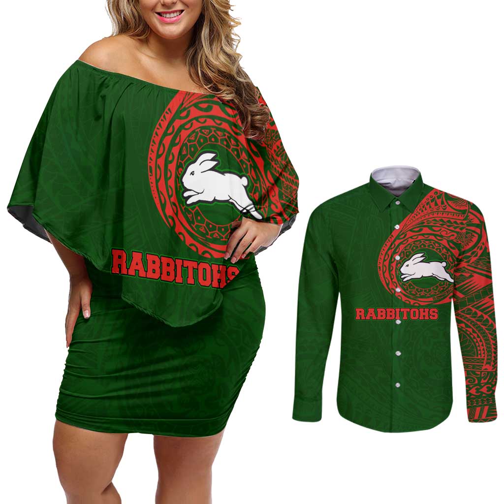 Personalized South Sydney Rabbitohs Couples Matching Off Shoulder Short Dress and Long Sleeve Button Shirt Polynesian Tribal Chest and Sleeve Tattoo