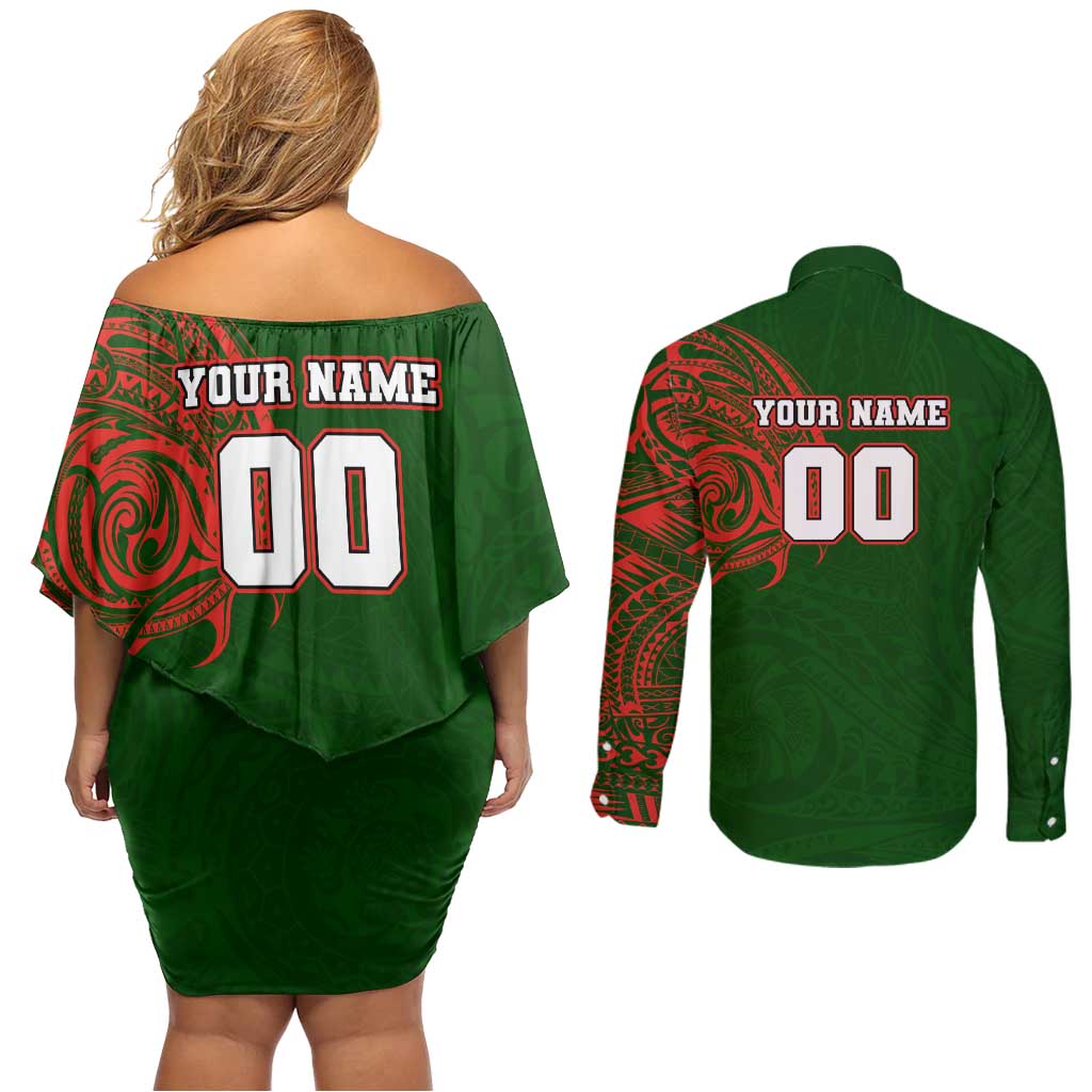 Personalized South Sydney Rabbitohs Couples Matching Off Shoulder Short Dress and Long Sleeve Button Shirt Polynesian Tribal Chest and Sleeve Tattoo