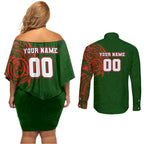 Personalized South Sydney Rabbitohs Couples Matching Off Shoulder Short Dress and Long Sleeve Button Shirt Polynesian Tribal Chest and Sleeve Tattoo