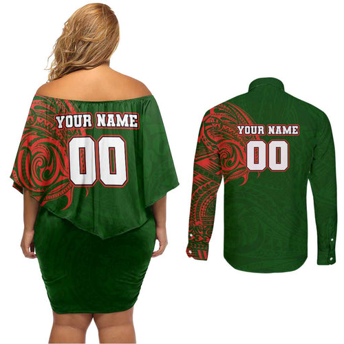 Personalized South Sydney Rabbitohs Couples Matching Off Shoulder Short Dress and Long Sleeve Button Shirt Polynesian Tribal Chest and Sleeve Tattoo