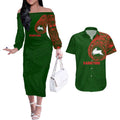 Personalized South Sydney Rabbitohs Couples Matching Off The Shoulder Long Sleeve Dress and Hawaiian Shirt Polynesian Tribal Chest and Sleeve Tattoo