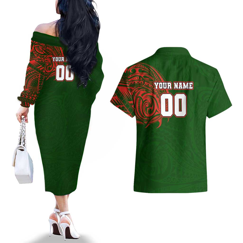 Personalized South Sydney Rabbitohs Couples Matching Off The Shoulder Long Sleeve Dress and Hawaiian Shirt Polynesian Tribal Chest and Sleeve Tattoo