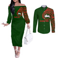 Personalized South Sydney Rabbitohs Couples Matching Off The Shoulder Long Sleeve Dress and Long Sleeve Button Shirt Polynesian Tribal Chest and Sleeve Tattoo