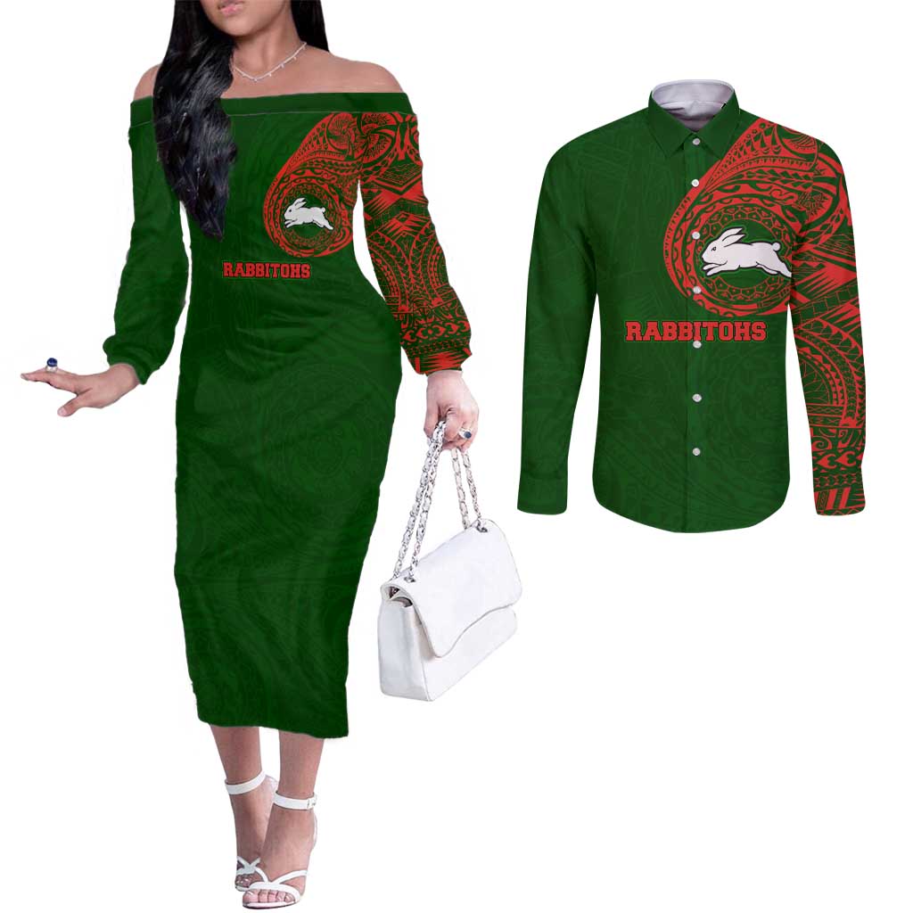 Personalized South Sydney Rabbitohs Couples Matching Off The Shoulder Long Sleeve Dress and Long Sleeve Button Shirt Polynesian Tribal Chest and Sleeve Tattoo