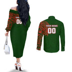 Personalized South Sydney Rabbitohs Couples Matching Off The Shoulder Long Sleeve Dress and Long Sleeve Button Shirt Polynesian Tribal Chest and Sleeve Tattoo