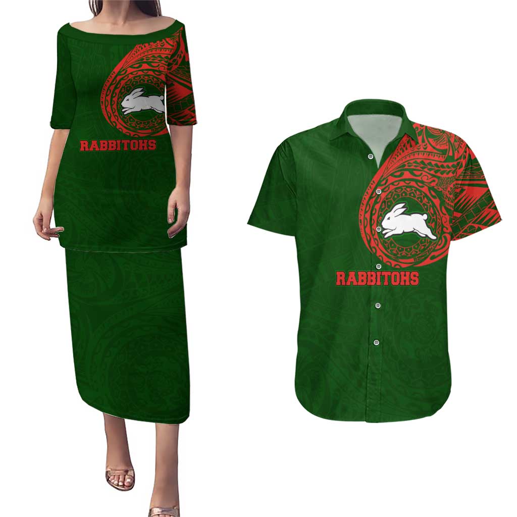 Personalized South Sydney Rabbitohs Couples Matching Puletasi and Hawaiian Shirt Polynesian Tribal Chest and Sleeve Tattoo