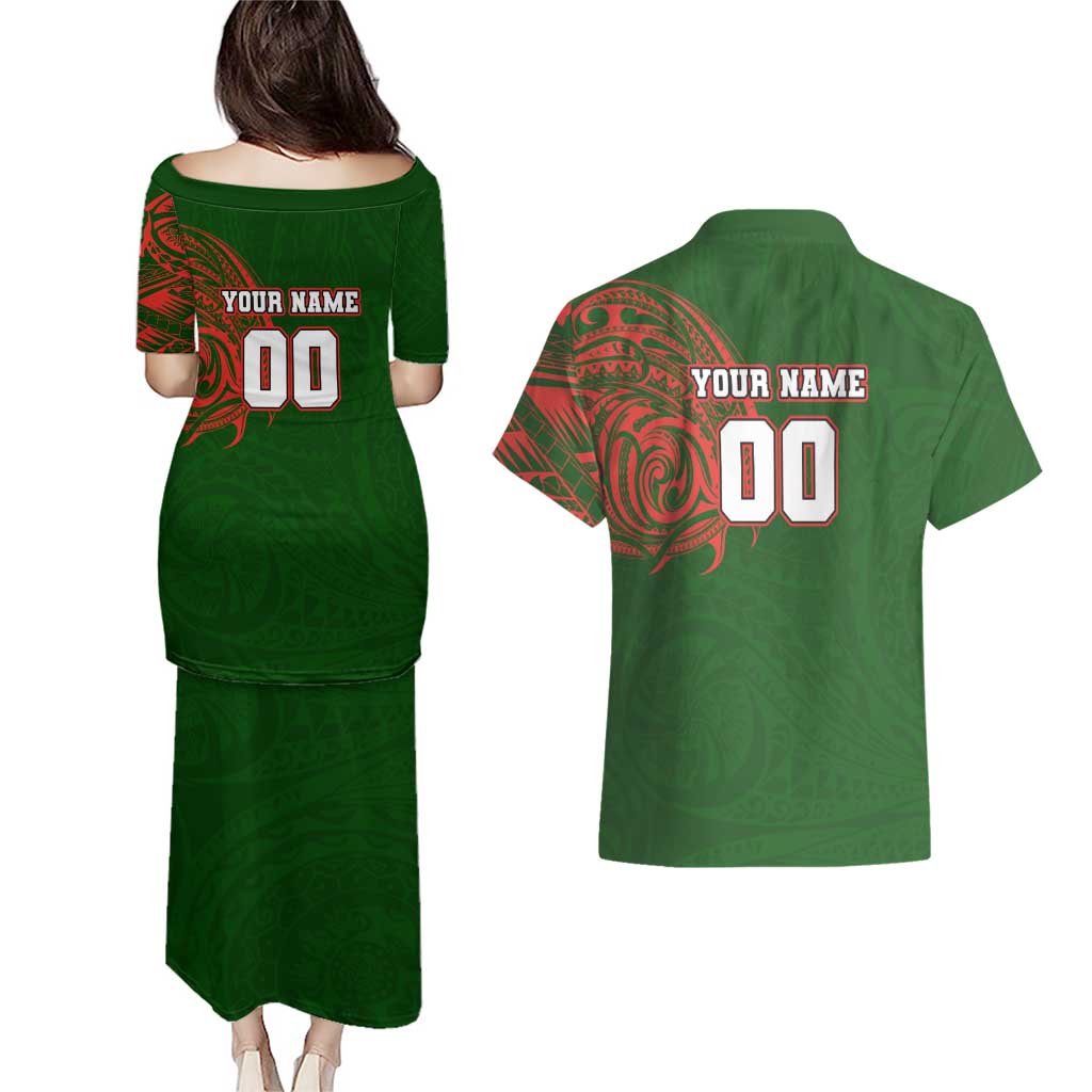 Personalized South Sydney Rabbitohs Couples Matching Puletasi and Hawaiian Shirt Polynesian Tribal Chest and Sleeve Tattoo