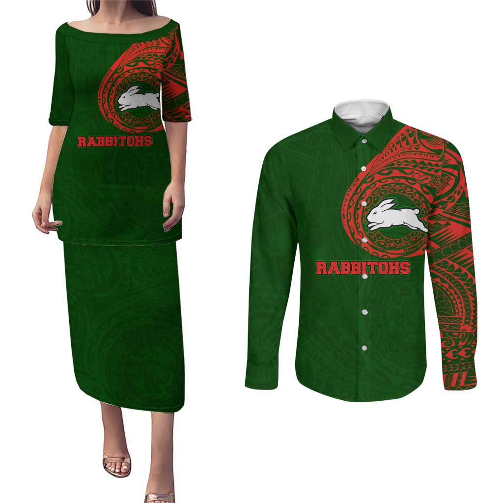 Personalized South Sydney Rabbitohs Couples Matching Puletasi and Long Sleeve Button Shirt Polynesian Tribal Chest and Sleeve Tattoo