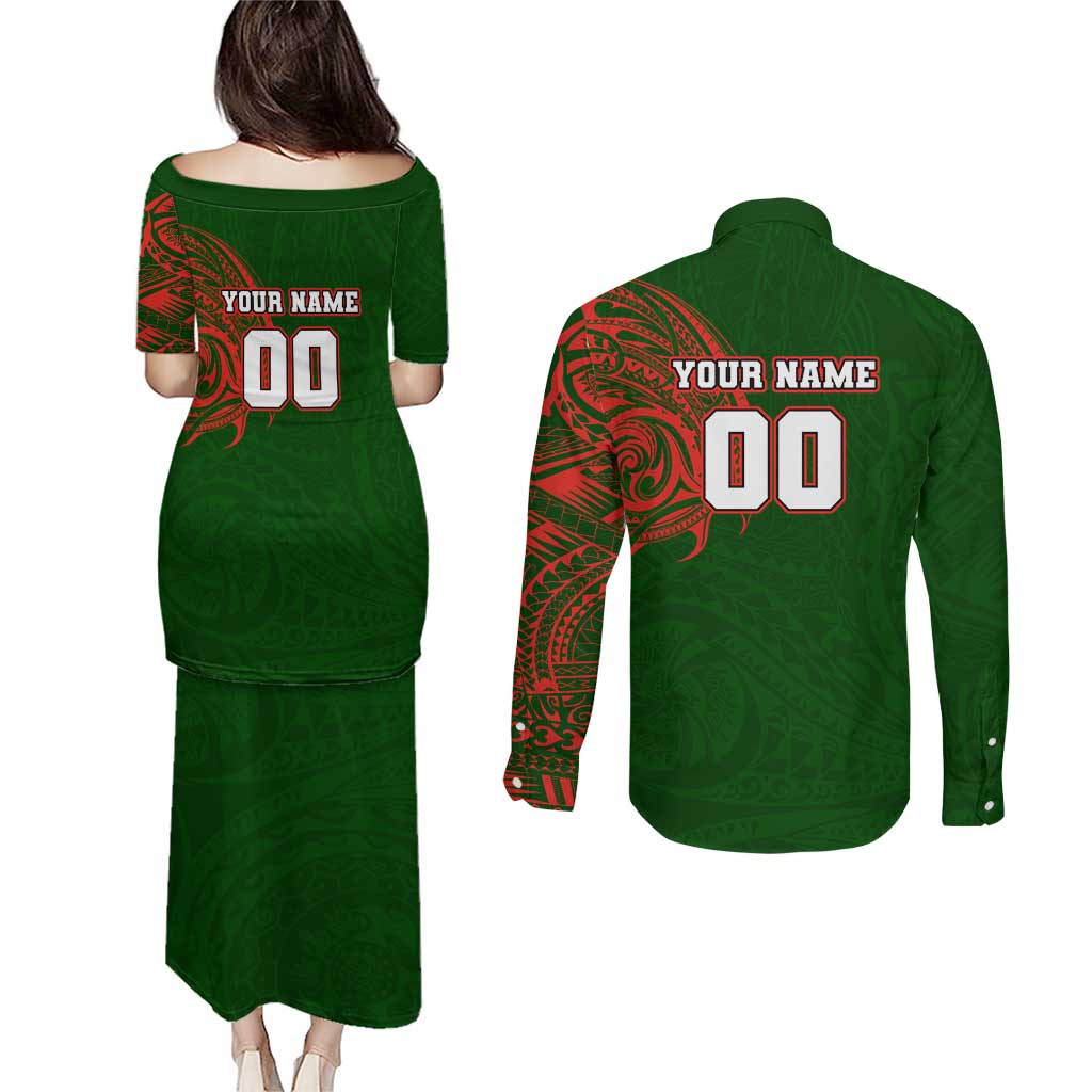 Personalized South Sydney Rabbitohs Couples Matching Puletasi and Long Sleeve Button Shirt Polynesian Tribal Chest and Sleeve Tattoo
