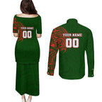 Personalized South Sydney Rabbitohs Couples Matching Puletasi and Long Sleeve Button Shirt Polynesian Tribal Chest and Sleeve Tattoo