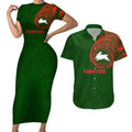 Personalized South Sydney Rabbitohs Couples Matching Short Sleeve Bodycon Dress and Hawaiian Shirt Polynesian Tribal Chest and Sleeve Tattoo