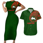 Personalized South Sydney Rabbitohs Couples Matching Short Sleeve Bodycon Dress and Hawaiian Shirt Polynesian Tribal Chest and Sleeve Tattoo
