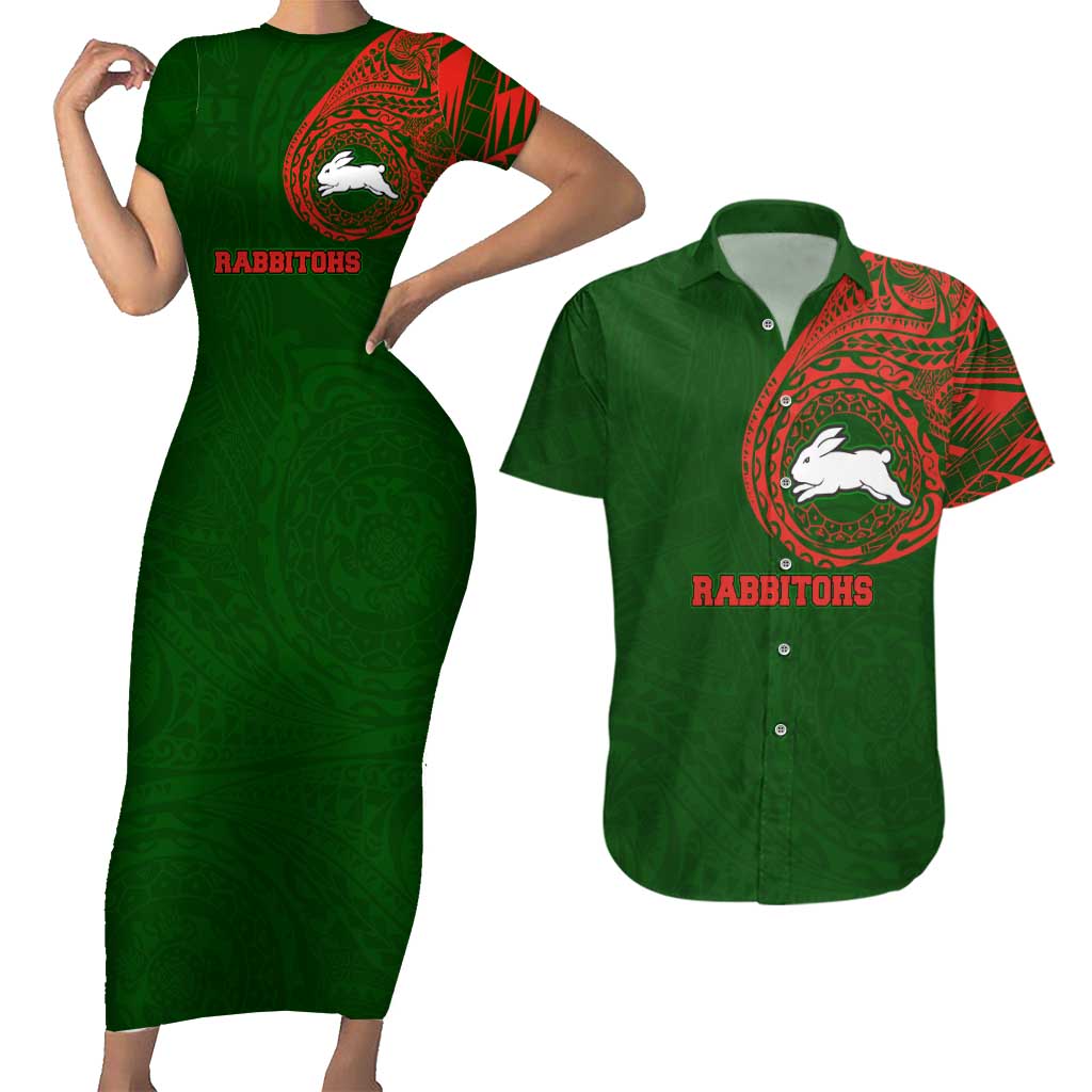 Personalized South Sydney Rabbitohs Couples Matching Short Sleeve Bodycon Dress and Hawaiian Shirt Polynesian Tribal Chest and Sleeve Tattoo