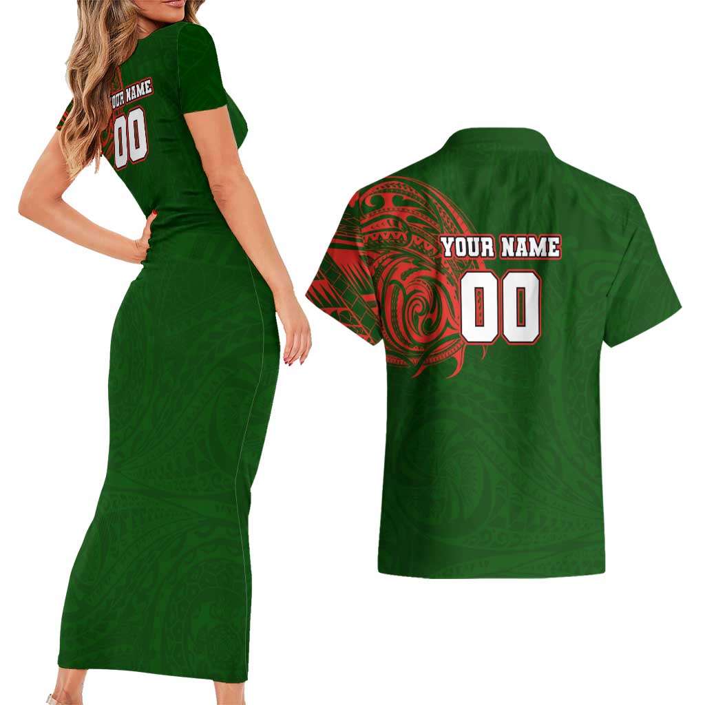 Personalized South Sydney Rabbitohs Couples Matching Short Sleeve Bodycon Dress and Hawaiian Shirt Polynesian Tribal Chest and Sleeve Tattoo