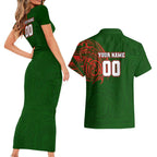 Personalized South Sydney Rabbitohs Couples Matching Short Sleeve Bodycon Dress and Hawaiian Shirt Polynesian Tribal Chest and Sleeve Tattoo